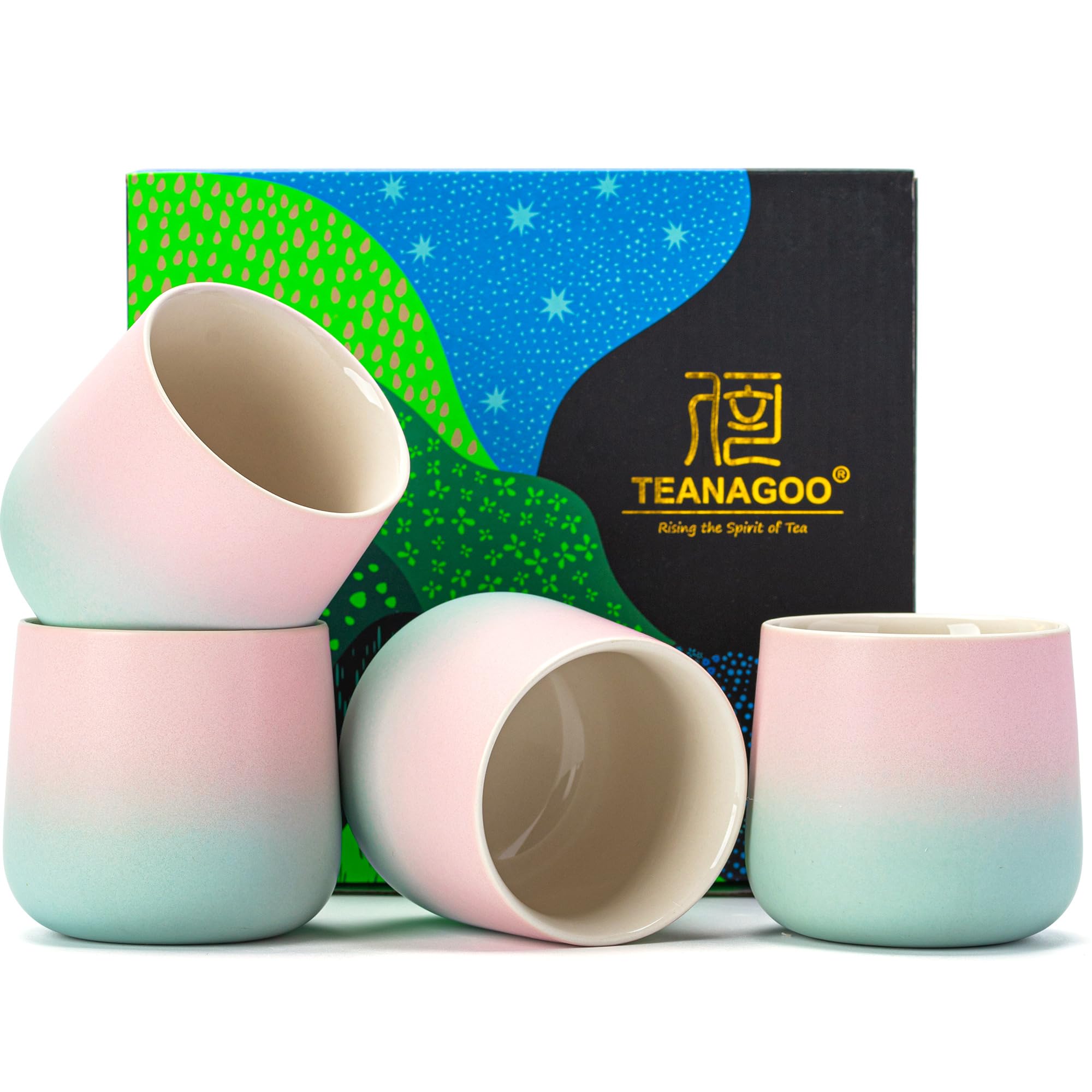 TEANAGOOCeramic Japanese Tea Cup, 4 Pcs/box, Occupied Japan Cups, Chinese Cup, Asian Cups no Handles， 7.2oz / 205 ml, Gradient Pink Gree