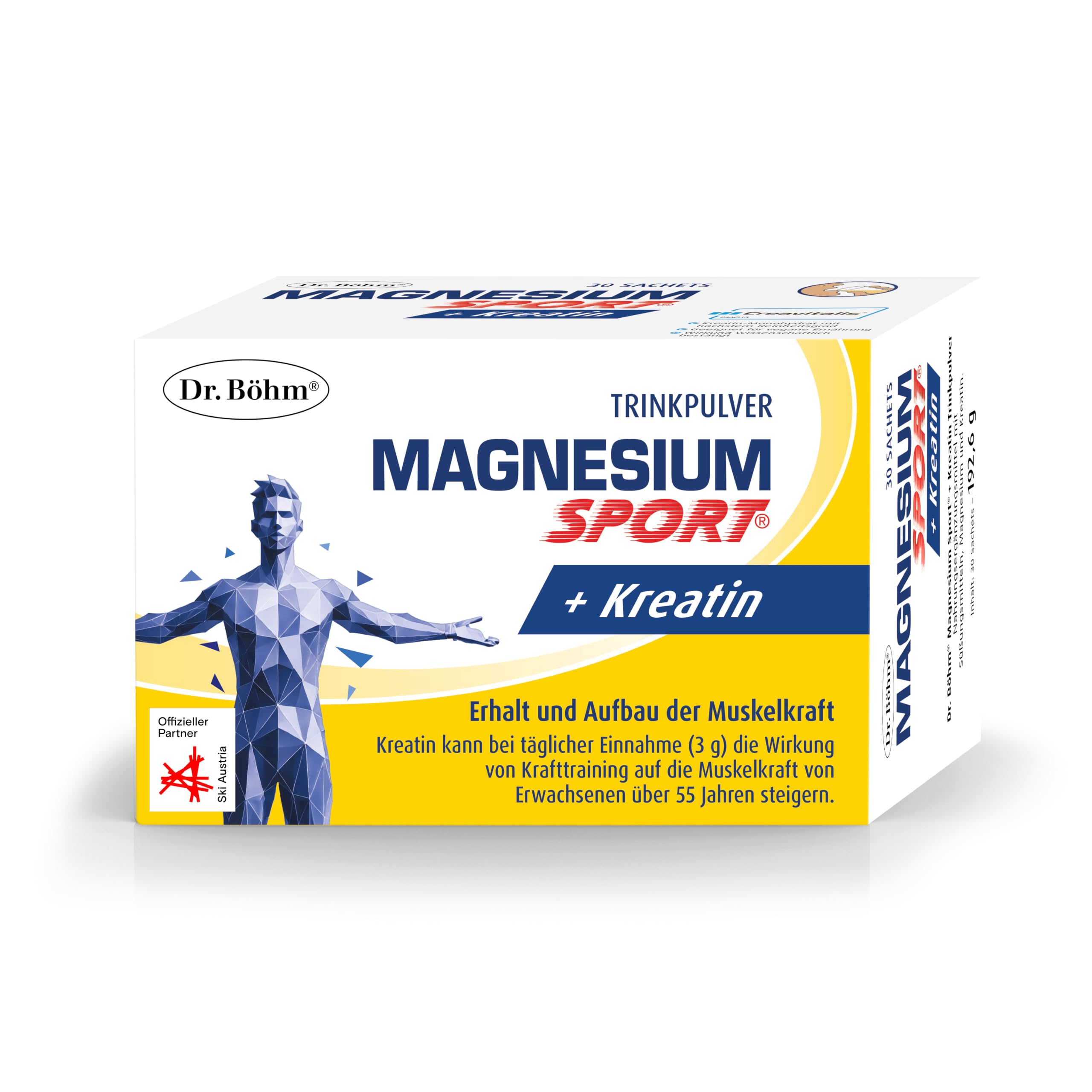 Dr. Böhm Magnesium Sport + Kreatin Trinkpulver – 3 g Kreatin Monohydrat (Creavitalis®) + Magnesium, Kalium & Vitamin C – Unterstützung von Muskelkraft & Muskelfunktion – 30 Sachets, vegan