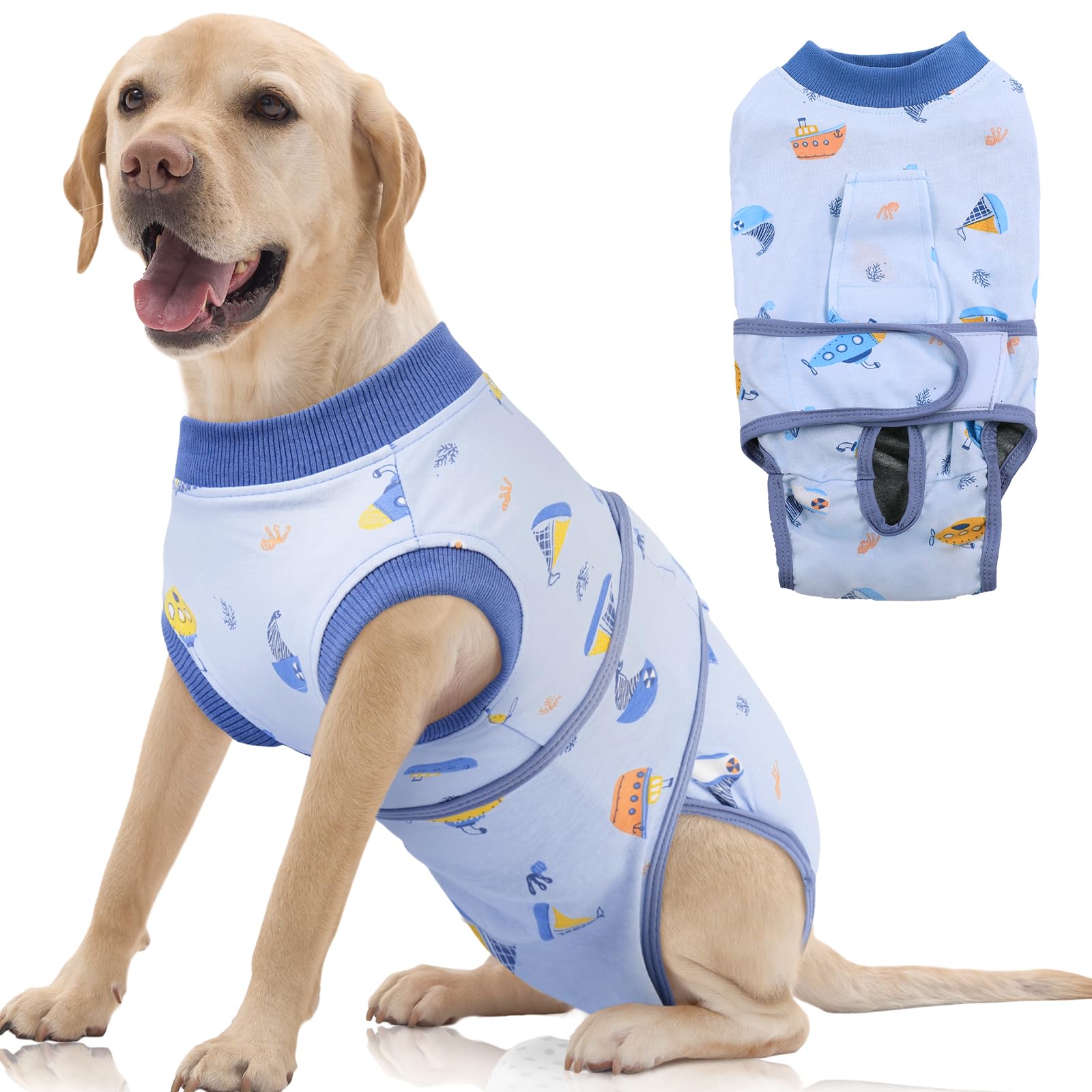 Photo 1 of FUAMEY Recovery Suit for Dogs After Surgery,Soft Breathable Dog Bodysuit E-Collar & Cone Alternative Surgical Suit,Male Female Dog Neuter Spay Suits Anti Licking Wounds Onesie Blue Boat XXL