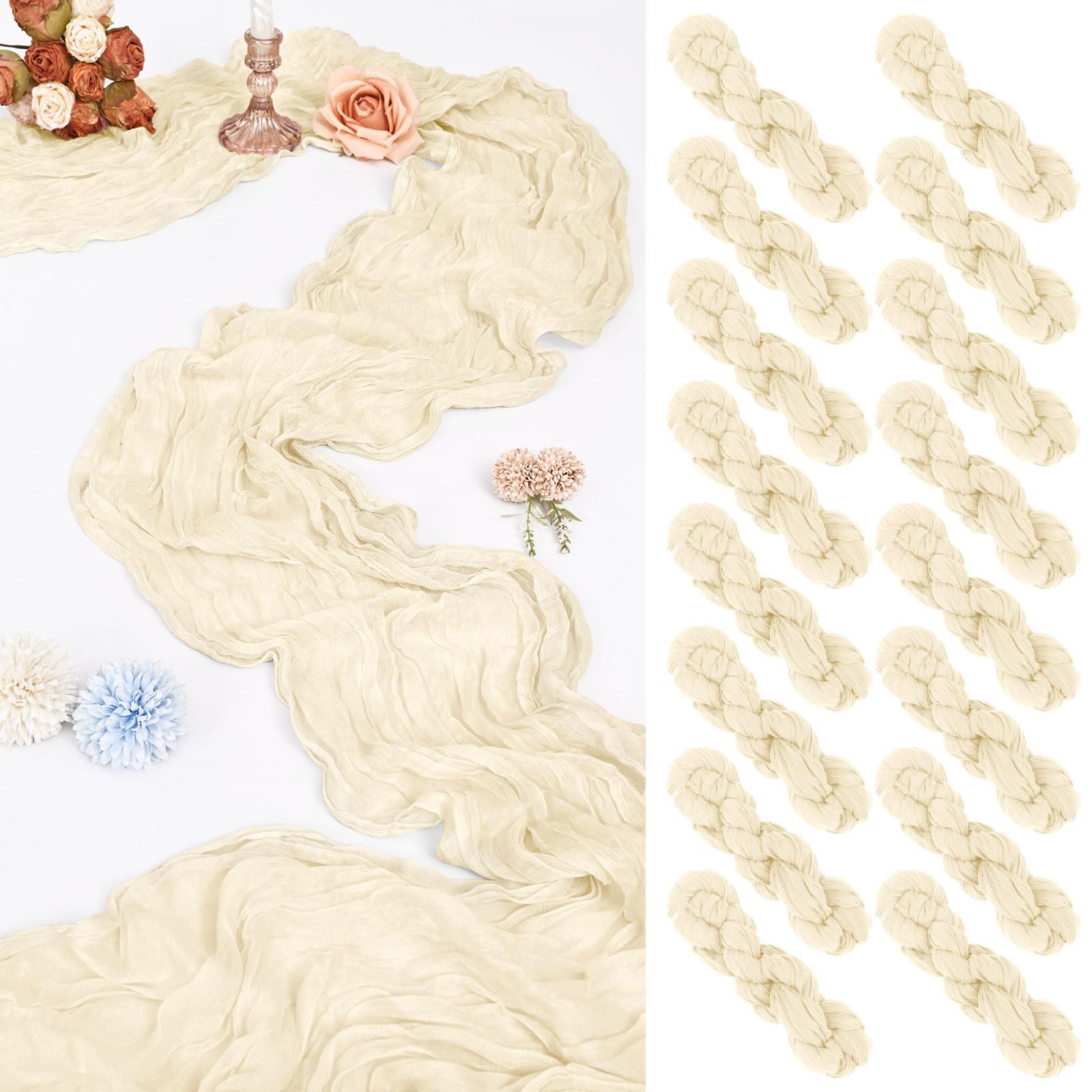 Photo 1 of 16 Pack 10Ft Cheesecloth Table Runner Ivory, 20 x 120 Inch Rustic Gauze Boho Cheese Cloth Runners Wedding Long Table Runner for Wedding Party Bridal Shower Table Decoration