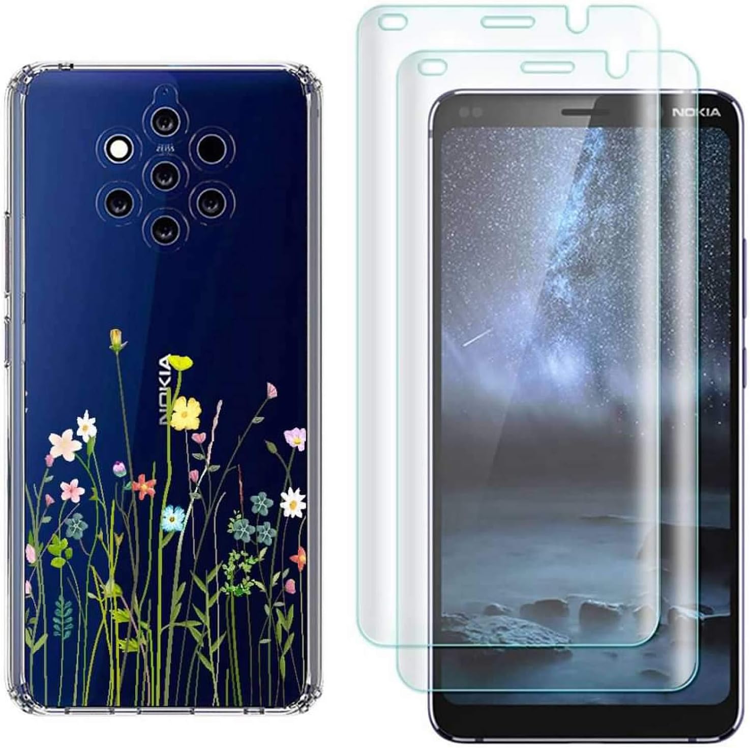 (3 in 1) for Nokia 9 PureView Case + (2 Pack) Glass Screen Protector Slim Clear Soft TPU Silicone Phone Case Cover with (Flower) Transparent for Nokia 9 PureView