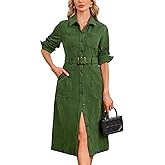 YEXPINE Women's Corduroy Midi Dress Long Sleeve Belted Button Down Shirt Long Dress with Pockets