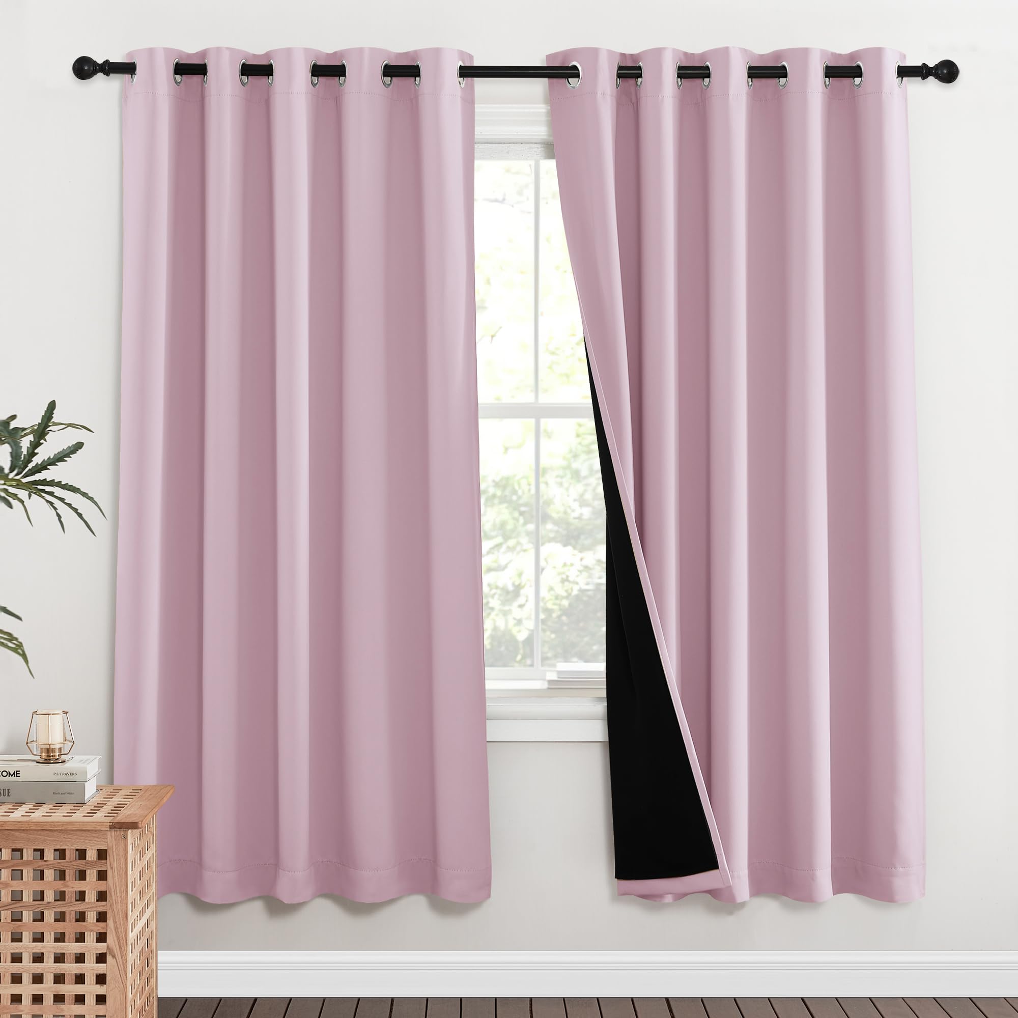 NICETOWN 100% Blackout Window Curtain Panels, Lavender Pink, 2 Pieces, 62-inch Wide Per Panel, Full Light Blocking Drapes with Black Liner for Nursery, 72-inch Drop Thermal Insulated Draperies Image