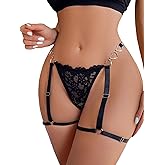 RoseSeek Women's Lace Trim Sheer Low Rise Thongs Shiny Ring Linked V Strings Panties Underwear with Garter Belt
