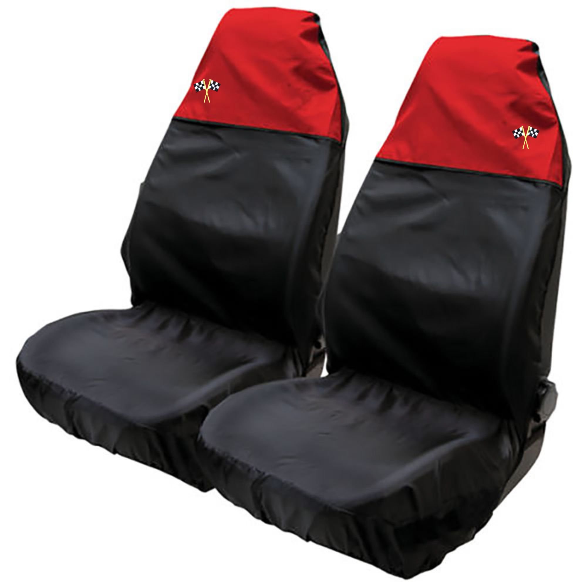 Xtremeauto® Waterproof FRONT Seat Covers with Chequered Flag Logo (Red)