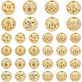 PH PandaHall 32pcs Golden Round Beads, 18K Gold Plated Alloy Hollow Filigree Metal Spacer Beads 8mm for Earrings, Bracelet, Pendant, Waist Chain, Necklaces, DIY Crafts