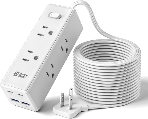 10Ft Extension Cord, Surge Protector Power Bar, 6 Outlets, 4 USB (2USB 2C) | 1050J, Mountable Flat Plug Power Strip, Surge Protection for Home Office Dorm, White