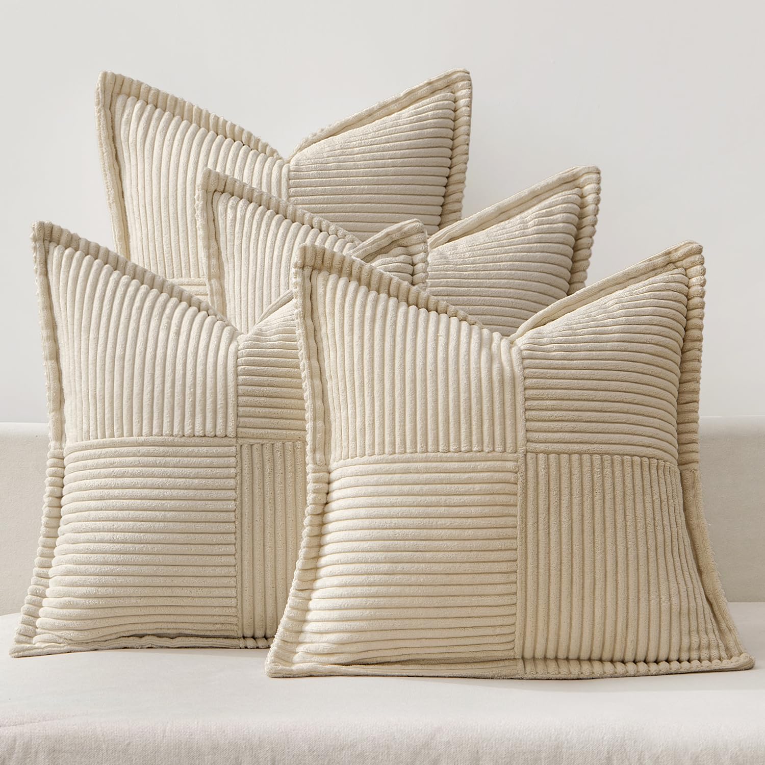 MIULEE Corduroy Cushion Covers Pack of 4 Decorative Modern Patchwork Throw Pillow Covers Soft Pillowcase Cushions for Home decor Sofa Couch with Invisible Zipper 16x16 Inch Beige — image 1