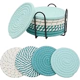 Yinluluna 8Pcs Green Coasters Set, 4 Colors Cotton Woven Absorbent Coasters | Coasters for Drinks Absorbent Minimalist Drink Coasters with Holder for Home Coffee Table Decor Tabletop Protection 4.3"Green
