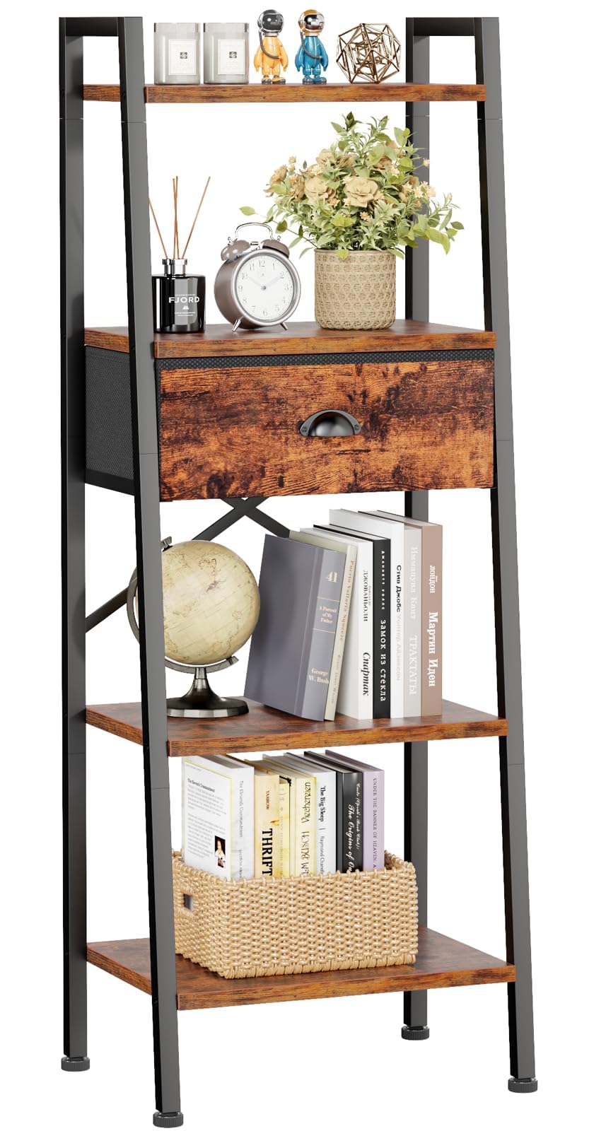 Photo 1 of (used)(incomplete)(parts only) Furologee 4 Tier Ladder Shelf, Narrow Ladder Bookshelf with Drawer, Modern Freestanding Bookcase, Storage Shelves Organizer 