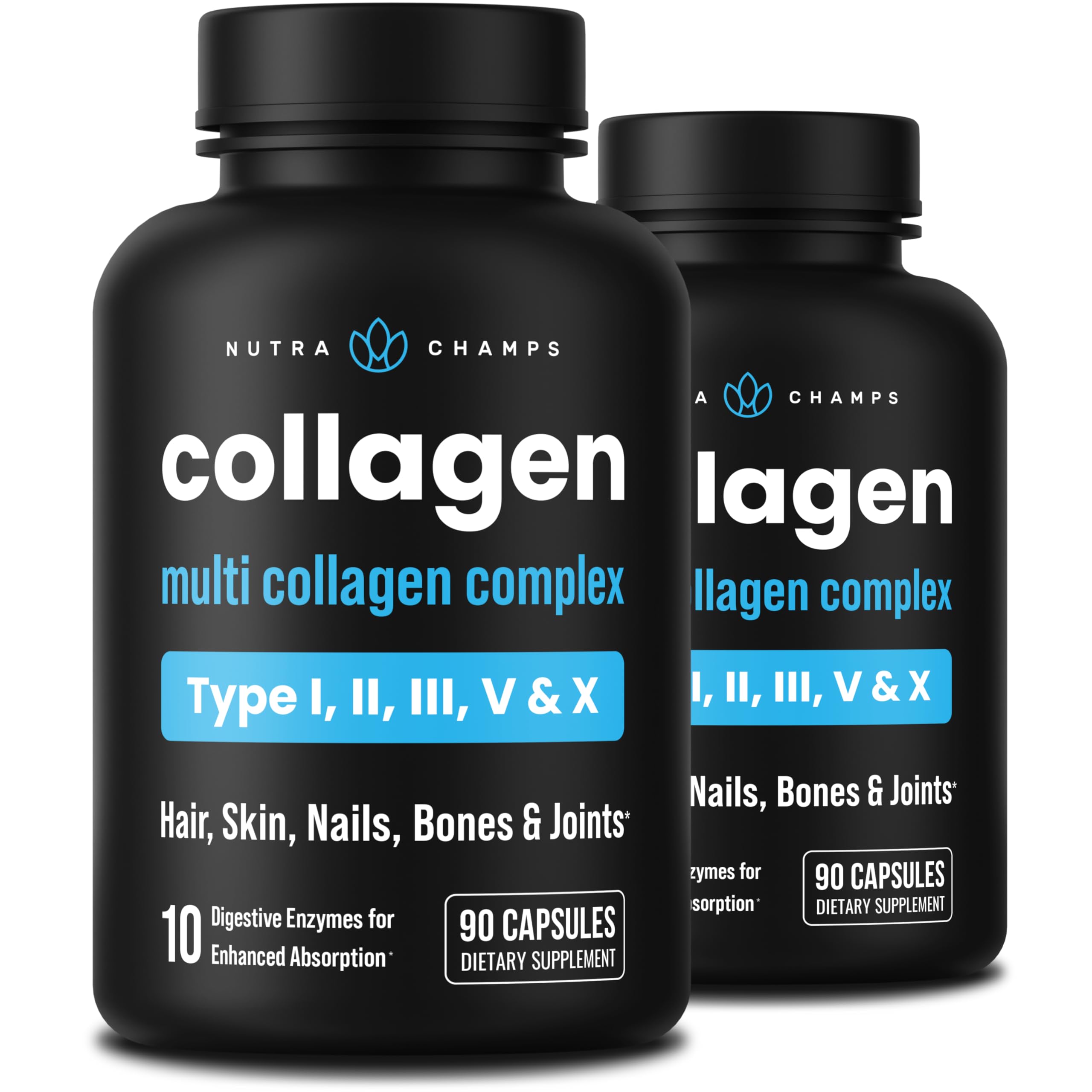 NutraChamps Multi Collagen Pills, Types I,II,III,V,X, Double Hydrolyzed Collagen Peptides Powder Capsules, Protein Supplement for Women & Men, 180 Capsules (Pack of 2)