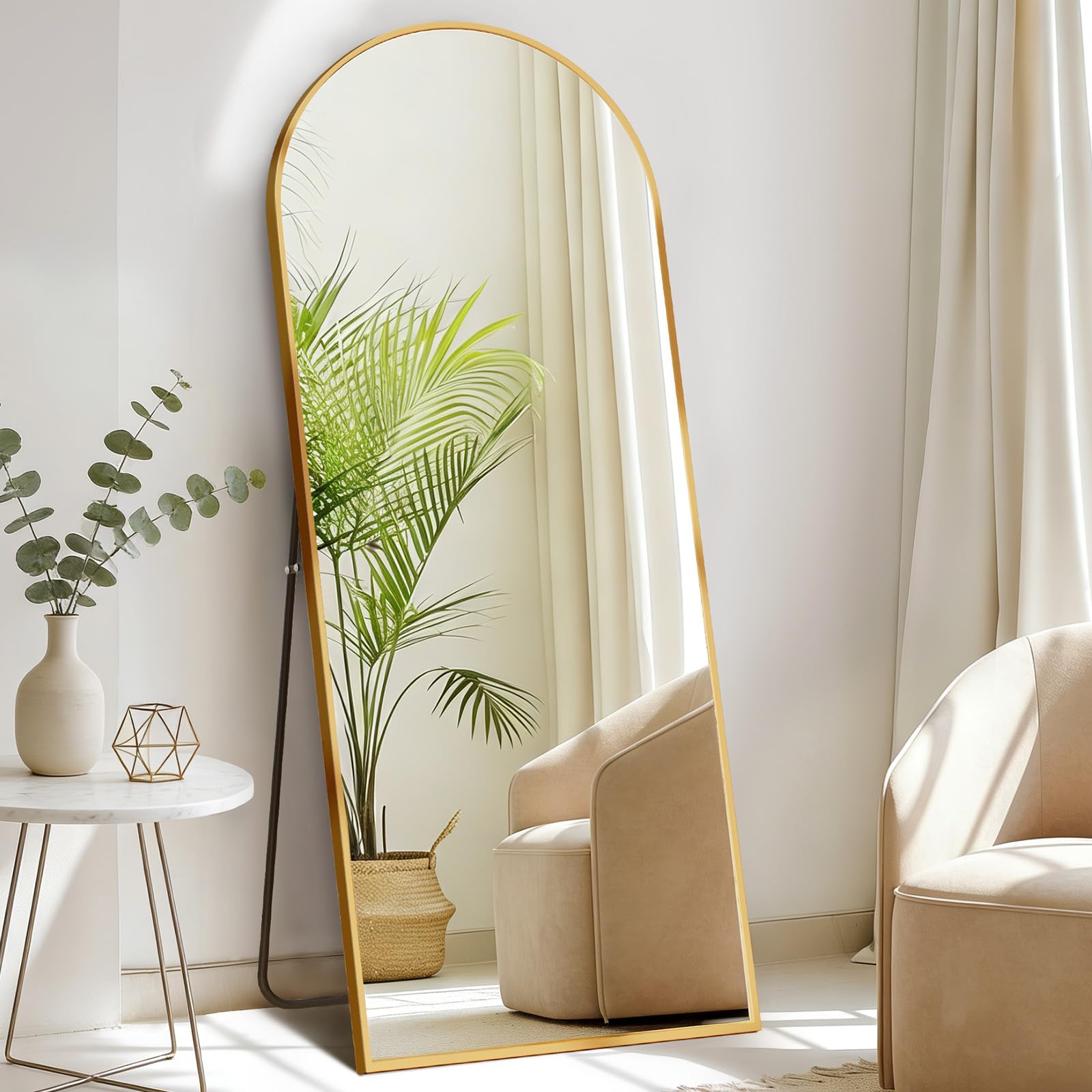 DUMOS Arched Full Length Mirror with Stand Floor Standing Aluminum Frame for Bedroom Body Hanging Leaning Modern Simple Home Decor Shatter-Proorf Nano Glass Wall Living Room Cloakroom Gold 56"x21" Image