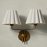 Modern Ivory Linen Pleated Double Sconce, 20.75" W x 16.5" H Luxury Slender Gooseneck Arm Wall Sconce with Aged Brass Finish,