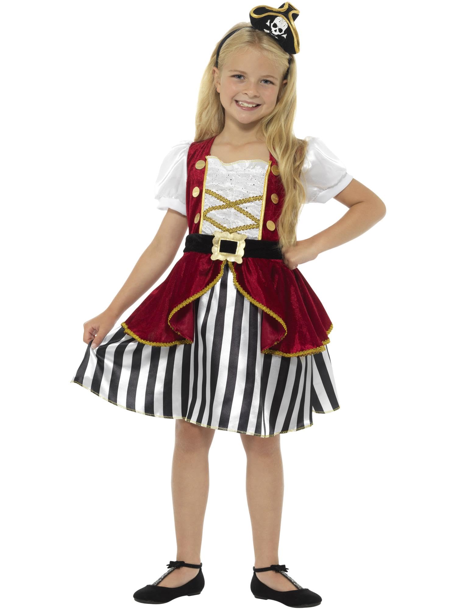 Smiffys Deluxe Pirate Girl Costume, Red & Black with Dress & Hat, Girls Fancy Dress, Pirate Dress Up Costumes