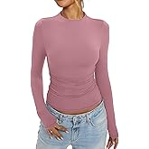 EasyGala Womens Mock Neck Long Sleeve Shirts Ruched Double Lined Top Fit Tight Turtleneck Tee Spring Fall Clothes 2025