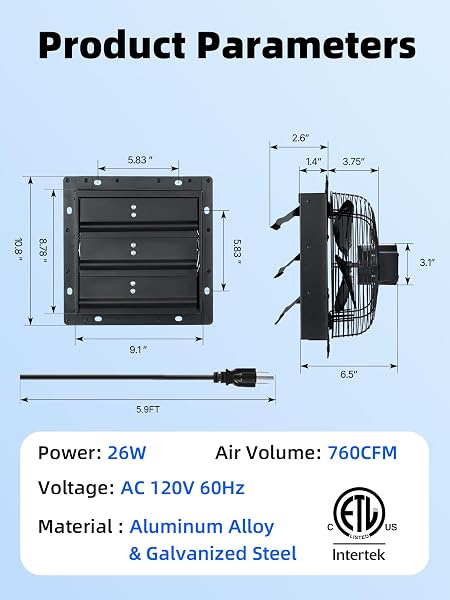 WINDIGAGA 8 INCH SHUTTER EXHAUST FAN, 760 CFM HIGH-SPEED WALL MOUNTED EXHAUST FAN, 40DB QUIET COOLING VENTILATION ATTIC FAN FOR SHED, GARAGE, GREENHOUSE, BASEMENT, CHICKEN COOP, GENERATOR ROOM, BLACK