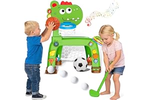 4-in-1 Toddler Basketball Hoop Soccer Goal with Golf Game and Ring Toss, Dinosaur Toys for 1 2 Year Old Babies Boys Girls, Ki