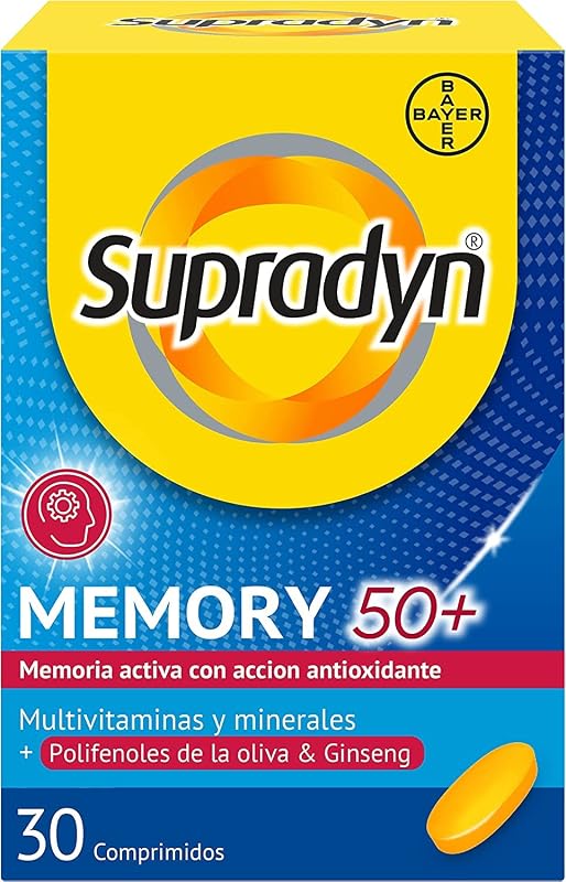 Multivitamínicos Memory 50+ para memória e concentração, Vitaminas, Vitamina C, Minerais, Ginseng, Zinco, Sem Glúten, Sem Lactose, Laranja, Amarelo, 30 comprimidos