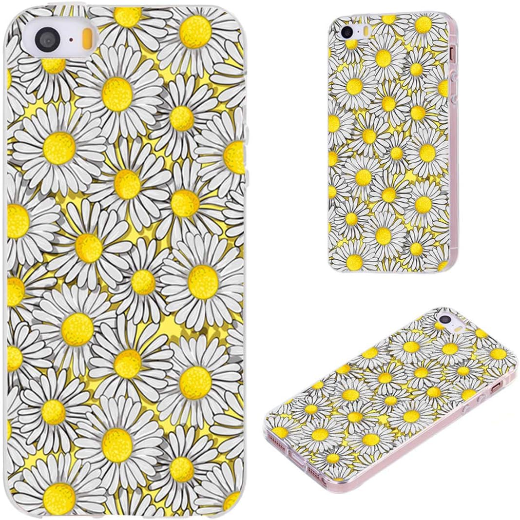 iPhone SE Case,iPhone 5S Case,iPhone 5 Case,VoMotec Anti-Scratch Slim Flexible Soft TPU Protective Skin Cover Case for Apple iPhone 5/5S/ SE 2016 4.0 Inch,Floral Flower Yellow White Daisy on Yellow