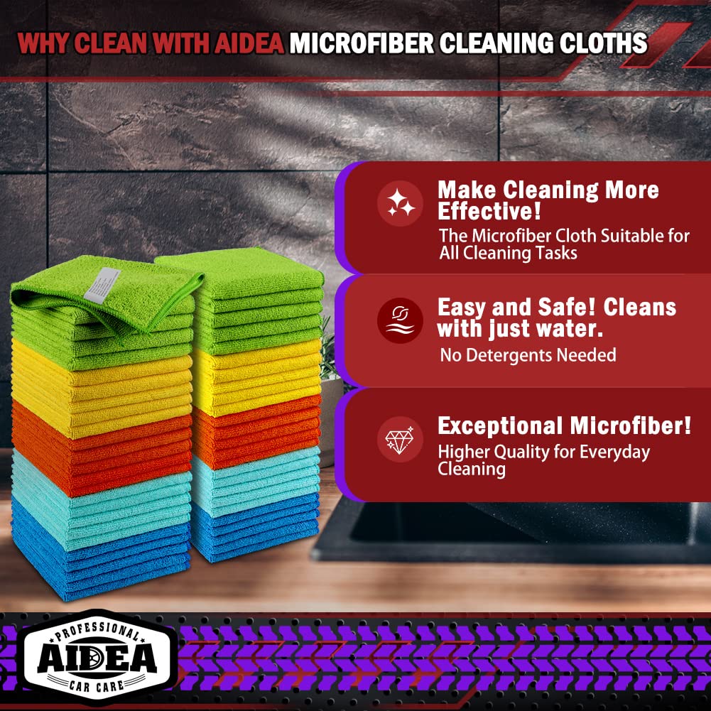 AIDEA Microfiber Cleaning Cloth, 50PK, Microfiber Towels for Cars, Premium Wash Cloths, Dusting Cloth Cleaning Rags, Absorbent Towels for SUVs, House, Kitchen, Window, Cleaning Supplies12×12