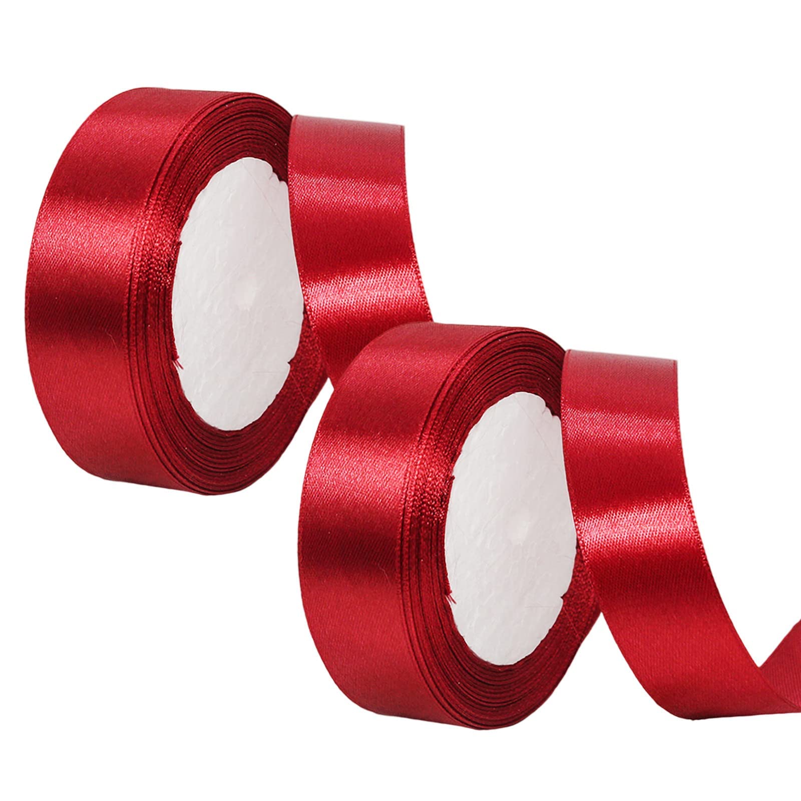 2 Rolls Red Ribbon 25mm for Gift Wrapping & Crafting - Double Sided Satin Ribbon for Cake, Hair Bows, Balloons & Decorations
