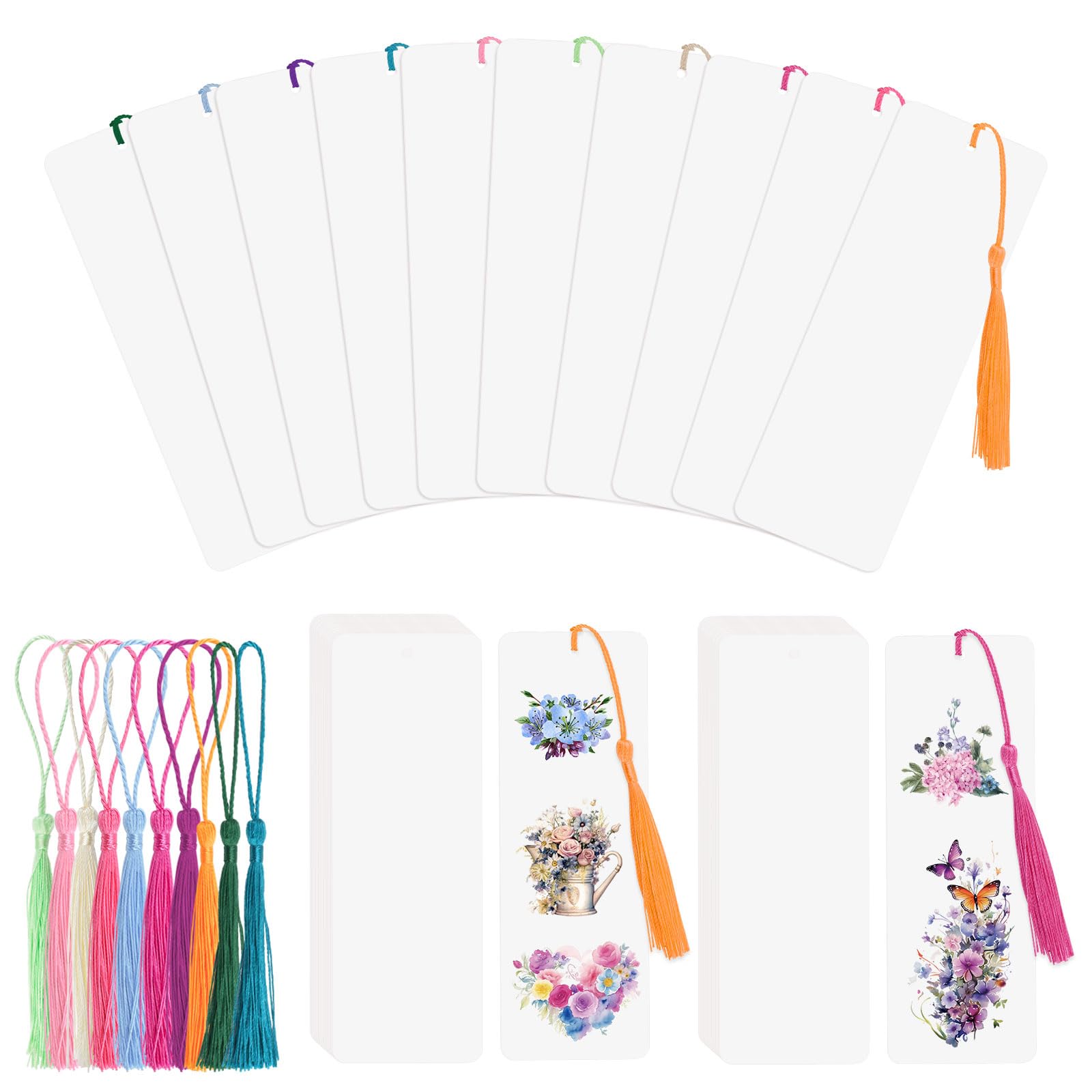 WANDIC Bookmark Making Kit,60 Set White Blank Paper Bookmarks with Colorful Tassels Readers Book Markers DIY Book Mark for Handmake Projects