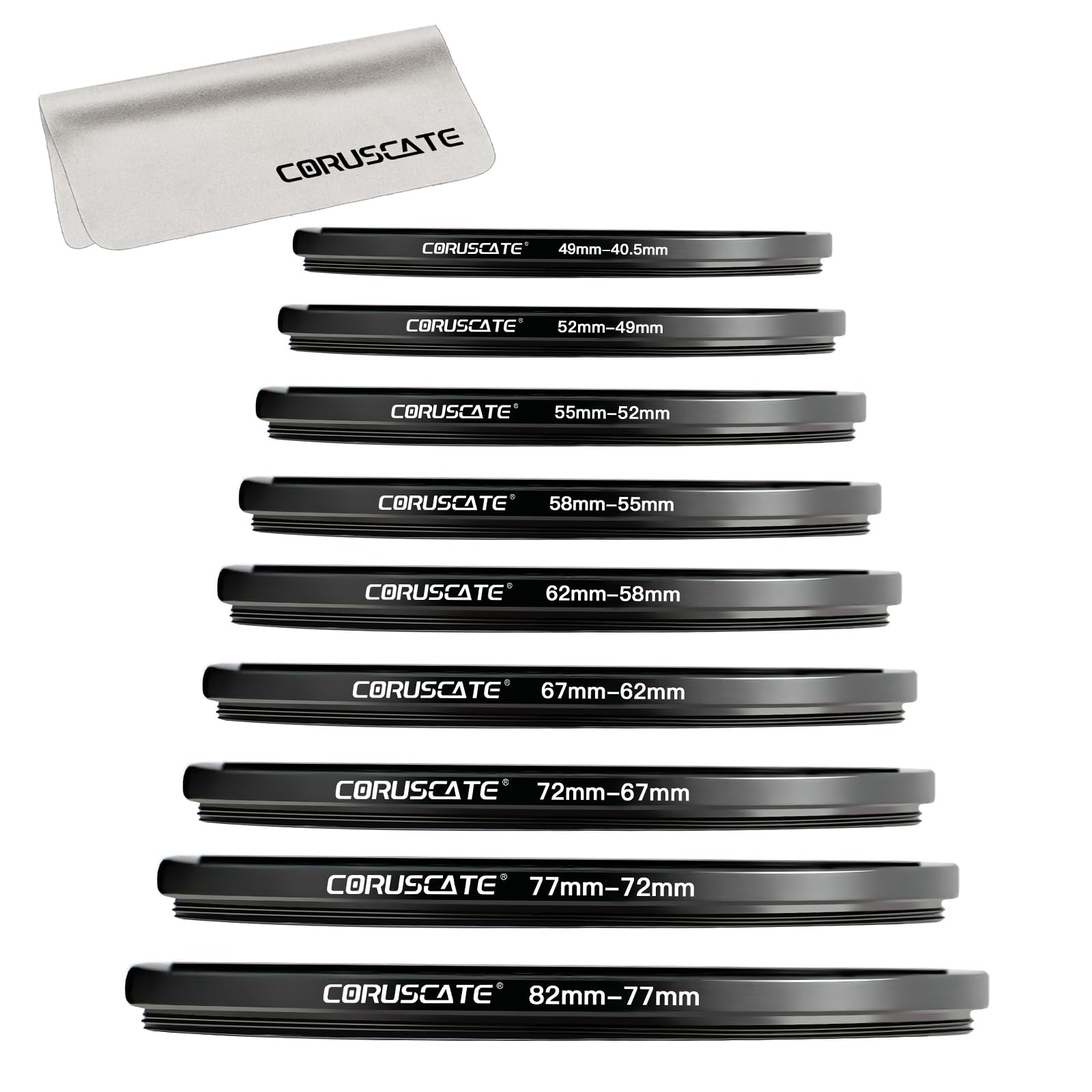9 Pcs Step Down Ring,Camera Lens Filter Metal Filter Rings Compatible All Brands UV ND CPL (49-40.5mm,52-49mm,55-52mm,58-55mm,62-58mm,67-62mm,72-67mm,77-72mm,82-77mm)+Lens cleaning cloth