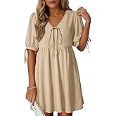 Dokotoo Summer Dresses for Women 2026 Casual V Neck Bow Tie Short Sleeve Empire Waist A-Line Mini Dress