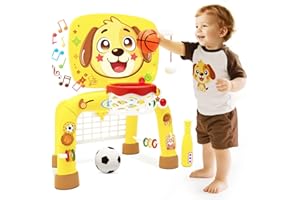 ZERDROFY Toys for 1 Year Old Boy - Toddler Basketball Hoop & Soccer Goal & Baseball Activity Center with Light Sound Music, Puppy Montessori Sports Toy, Christmas Birthday Gift for Baby 12-18 Months, Yellow