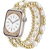 AIRSPO Gold Beaded Bracelets Compatible for Apple Watch Band 38mm 40mm 41mm 42mm 44mm 45mm Women, Fashion Handmade Dressy iPhone Watch Bands Elastic Strap for iWatch Series 11 10 9 SE 8 7 6 5 4 3 2 1