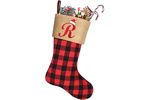 Woosytoo 20 Inches Large Monogram Christmas Stockings Embroidered Initial Christmas Stocking Red Black Buffalo Plaid Burlap Christmas Stocking for Christmas Xmas Tree Fireplace Decorations, Letter R
