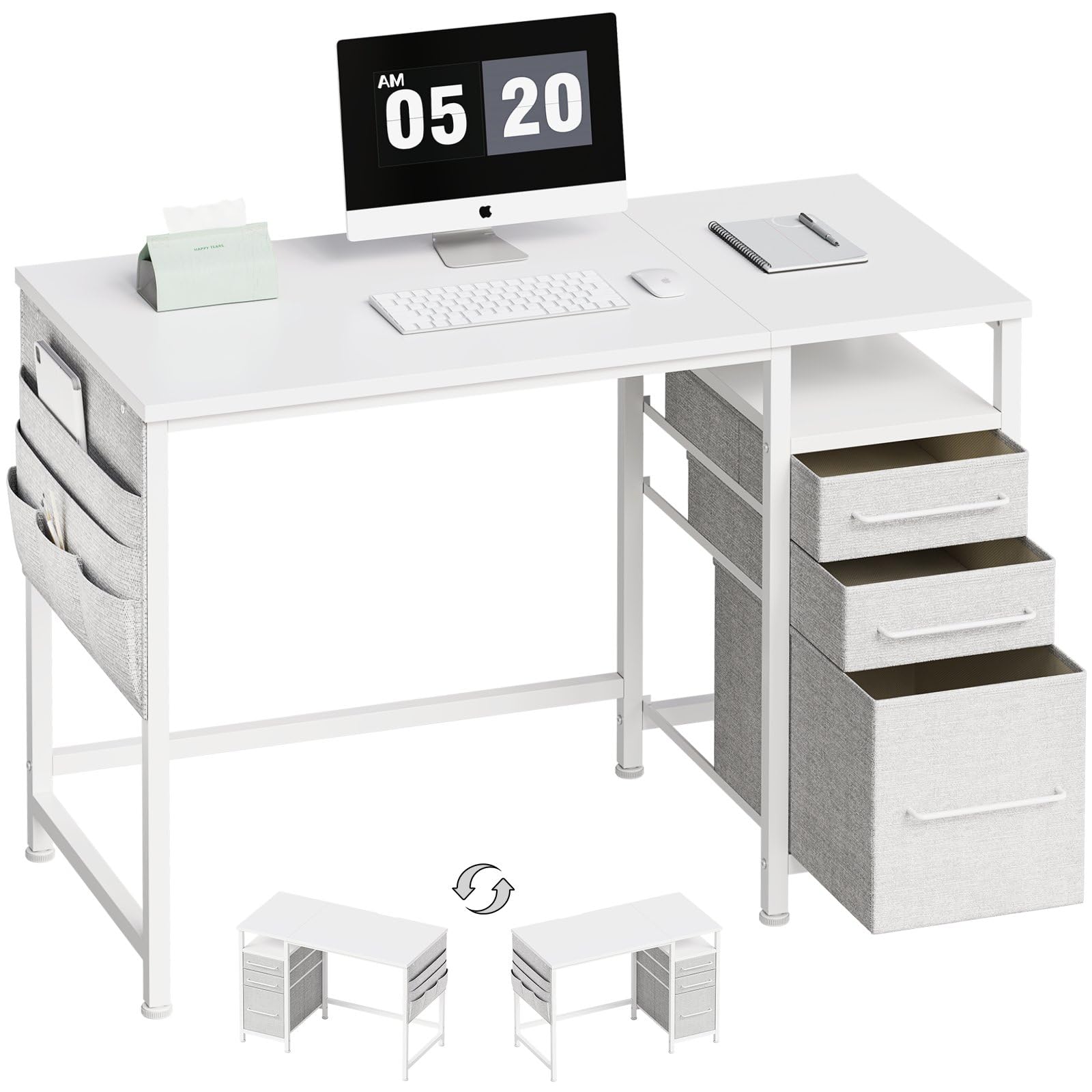 Photo 1 of ??????? Maihail Small Desk with Drawers, 40 inch Computer Desk with Shelves, Writing Desk with Storage, Small Office Desk with Metal Frame, White