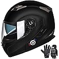 FreedConn Motorcycle Bluetooth Helmet,Bluetooth Integrated Modular Flip up Full Face Motorcycle Helmet,Dual Visor Modular Bluetooth Helmet,DOT Approved Helmets with Gloves(Gloss Black,Large)