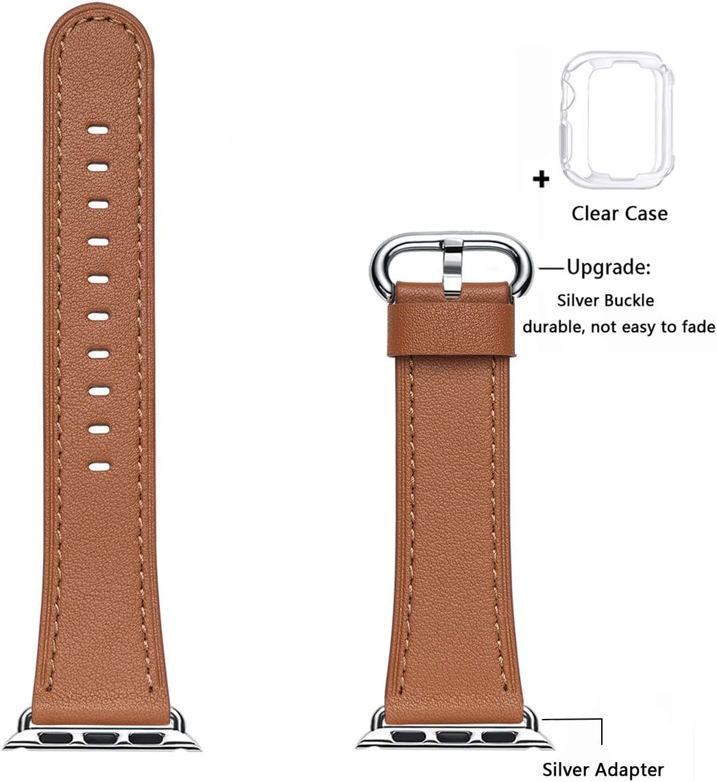 WFEAGL Strap Compatible for Watch Strap 42mm 44mm,Many Colours of Leather Band Replacement Strap Compatible with Watch Series 5/4/3/2/1(42mm 44mm,Brown Band+Silver Adapter) - Image 3