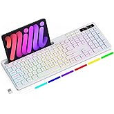 Soueto Wireless Keyboard with 7-Color RGB Backlit, Full-Size Computer Keyboard with Phone Tablet Holder, 2.4G Rechargeable Gaming Keyboard with Light Up Keys, Compatible with Mac, Windows (White)