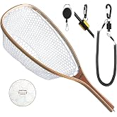 ONROCL Fly Fishing Net Trout Net with Magnetic Release and Rod Holder Wooden Frame Landing Net with Soft Rubber Mesh for Catch and Release (Clear Small Holes)