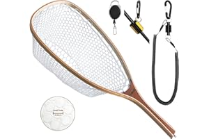ONROCL Fly Fishing Net Trout Net with Magnetic Release and Rod Holder Wooden Frame Landing Net with Soft Rubber Mesh for Catch and Release (Clear Small Holes)