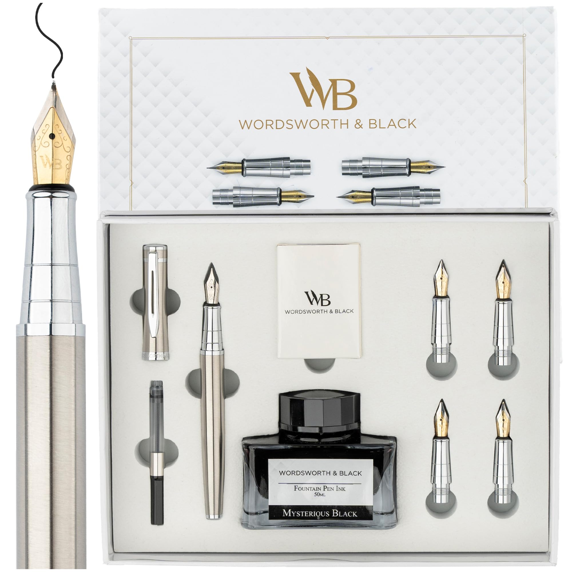 Wordsworth & Black Fountain Pen Gift Set - Ink Bottle, Cartridges, Converter, Replacement Nibs, Premium Package for Journaling, Calligraphy, Smooth Writing [Silver Chrome]