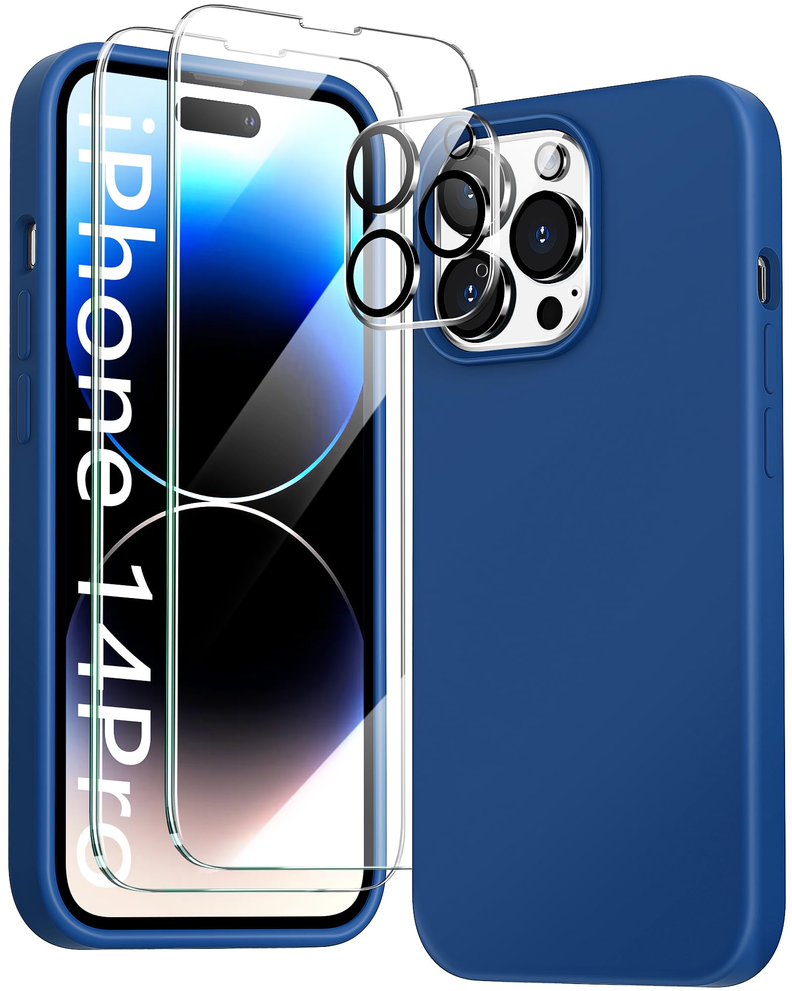 Photo 1 of JTWIE [3 in 1 for iPhone 14 Pro Case, [Liquid Silicone] [with 2 pcs Screen Protector and 2 pcs Camera Protection] Full-Body Protective 14 Pro Phone Case (Navy Blue)…