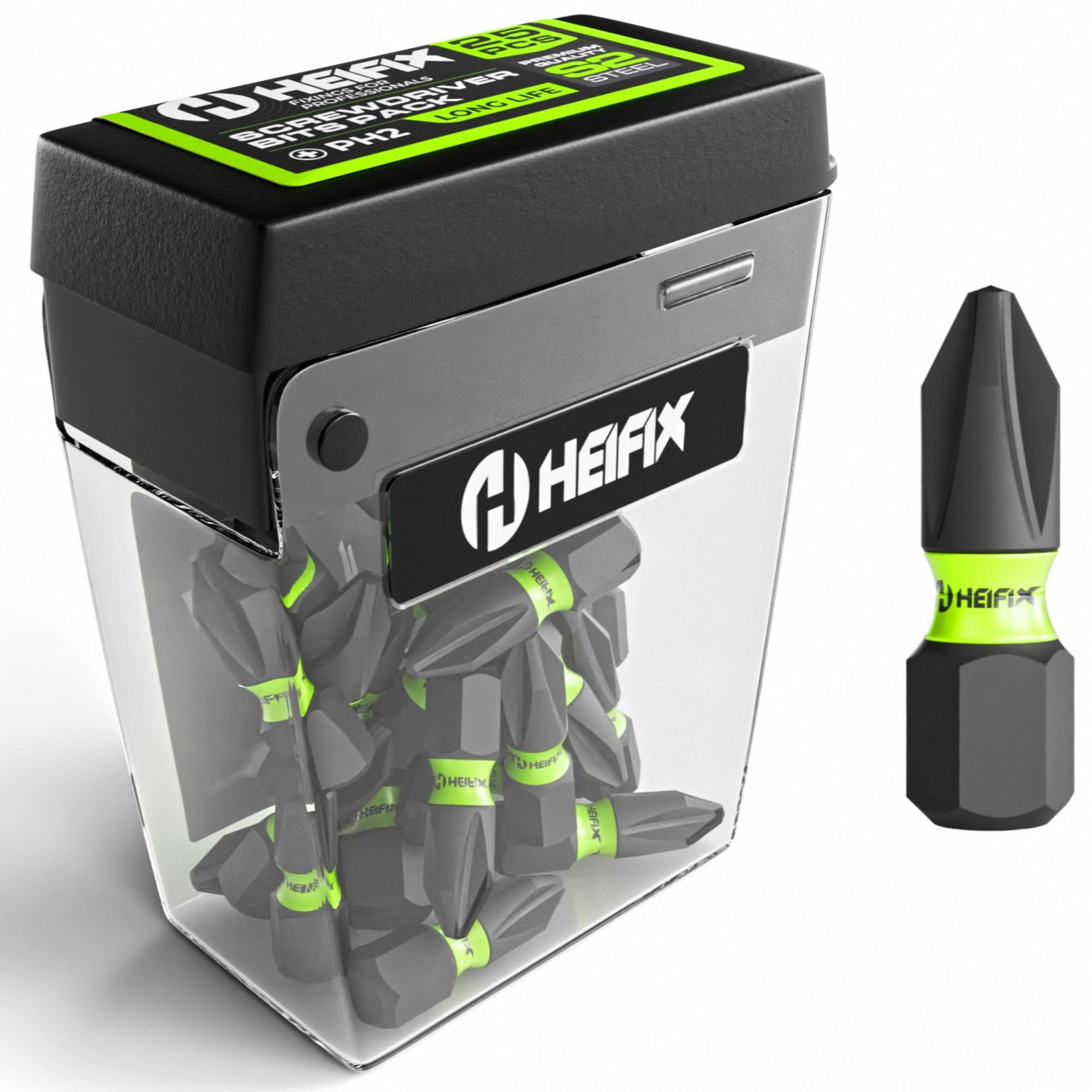 PH2 Heifix Impact Screwdriver Magnetised Drill Screw Bit Set PH2 Phillips TicTac Box (25 x 25mm PH2)