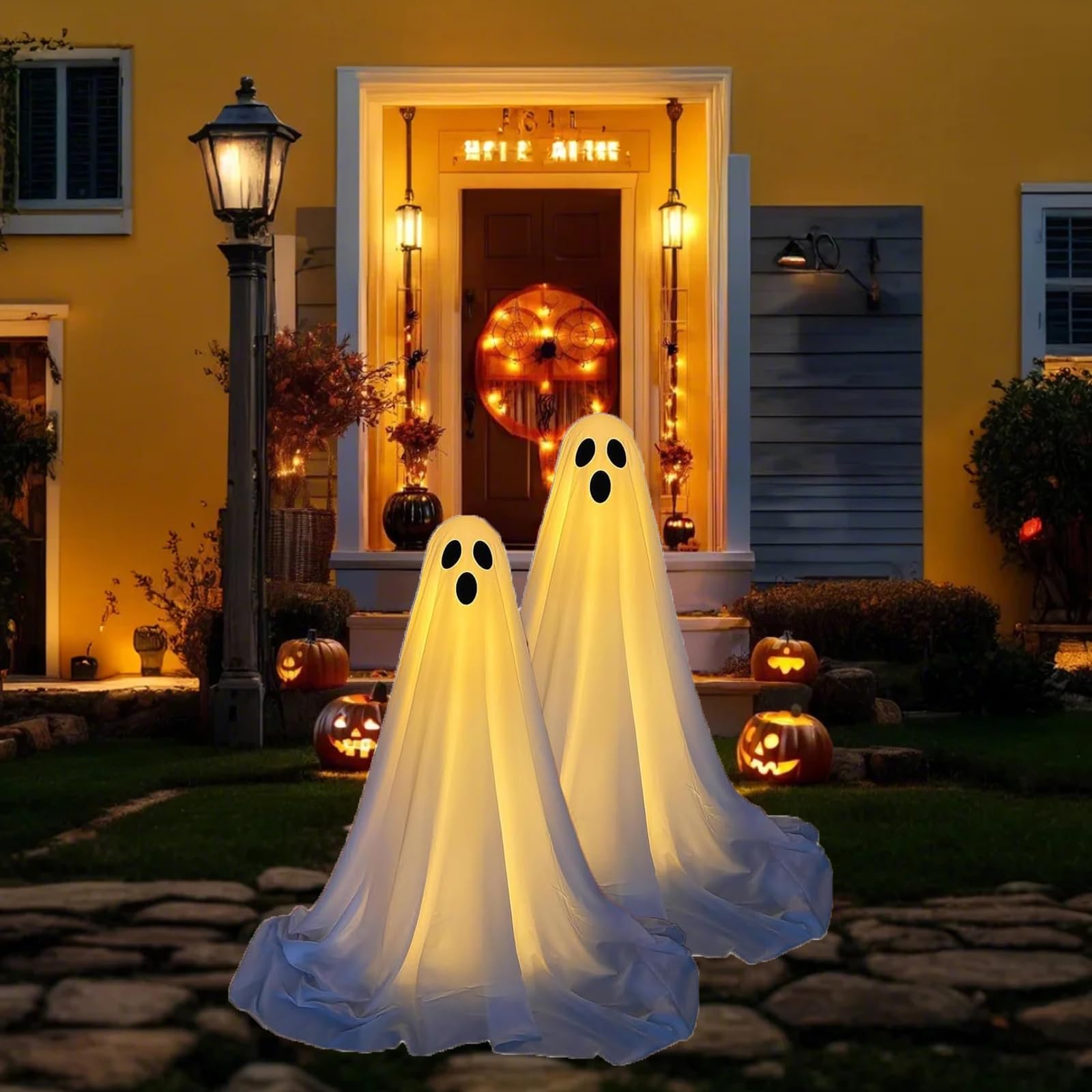 Photo 1 of Halloween Decorations Outdoor - 2 Packs Halloween Decorations Outdoor, Spooky Ghost Halloween Decor with String Lights Battery Operated, Easy to Assemble Ghost Decorations for Front Porch Yard