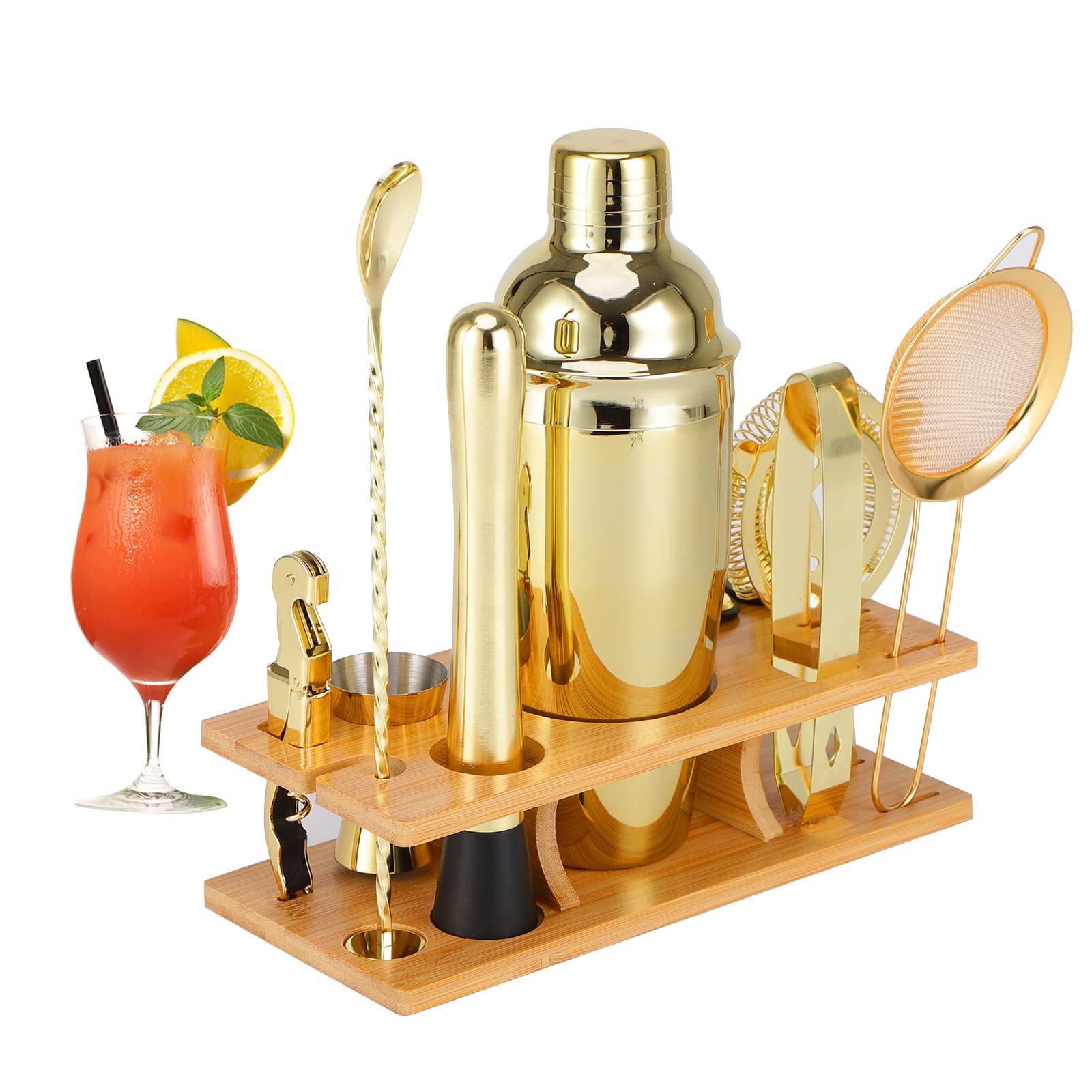 OBALY Bartender Kit 11-Piece Cocktail Shaker-Muddler for Cocktails 25oz Boston Shaker-Bar Accessories with Stylish Bamboo Stand Mix Drink Shaker kit Perfect Martini kit with Cocktail Recipes Booklet