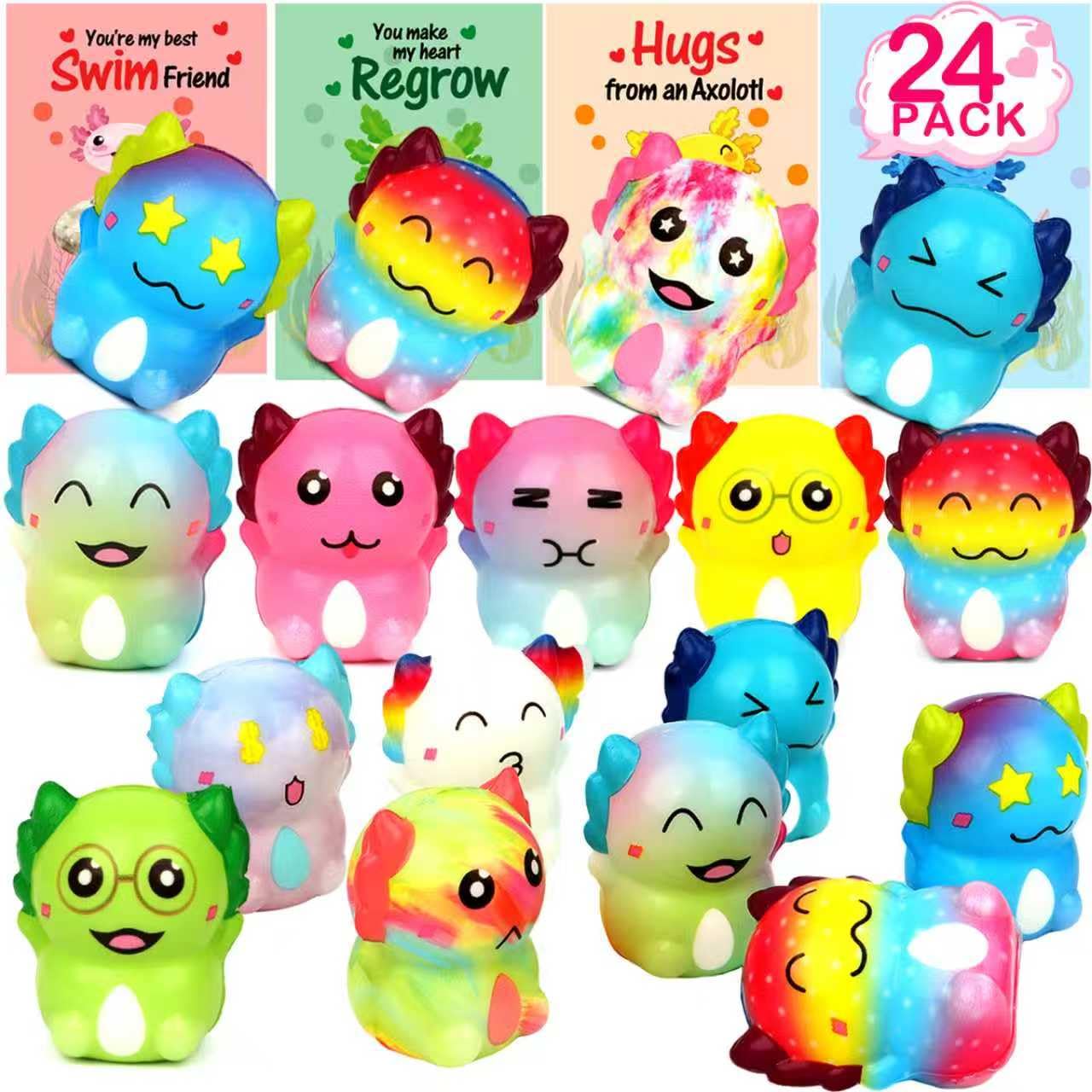 MINYSIC 24PCS Axolotl Mochi Squishy Toys for Classroom, Gifts for Kids with Exchange Cards, Classroom Party Favors for Boys and Girls, Funny Stress Relief Toys