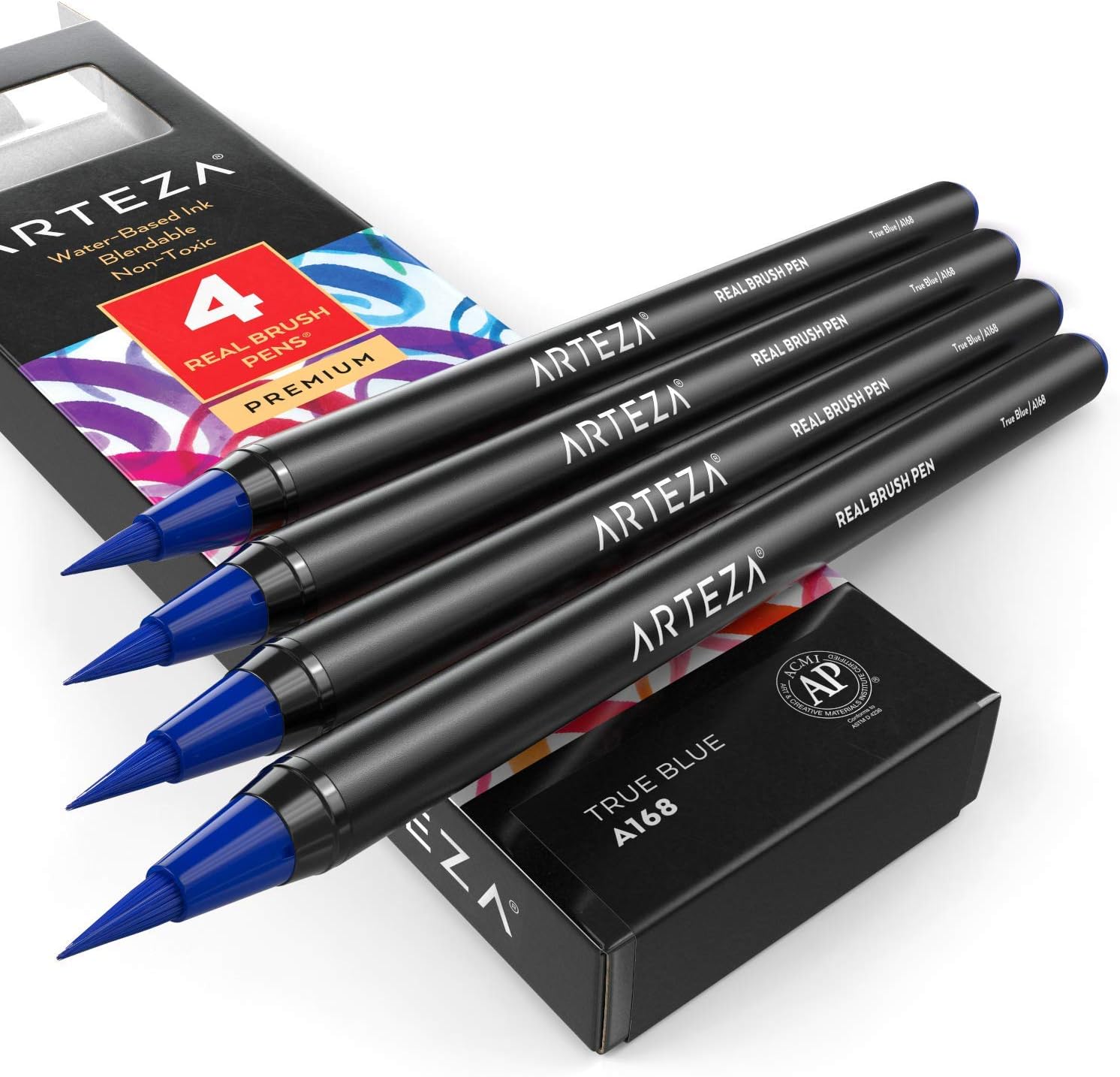 Arteza Real Brush Pens (A168 True Blue), Pack of 4, for Watercolor Painting with Flexible Nylon Brush Tips, Paint Markers for Coloring, Calligraphy and Drawing