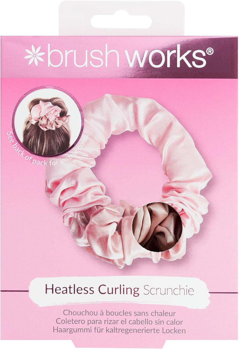 Brushworks Heatless Curling Hair Scrunchie Pink Satin Overnight Damage-Free