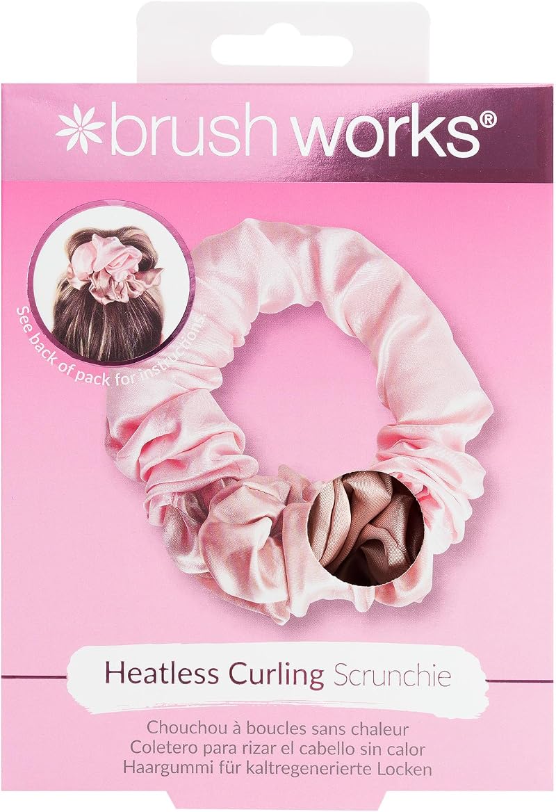 Brushworks Heatless Curling Hair Scrunchie Pink Satin Overnight Damage-Free