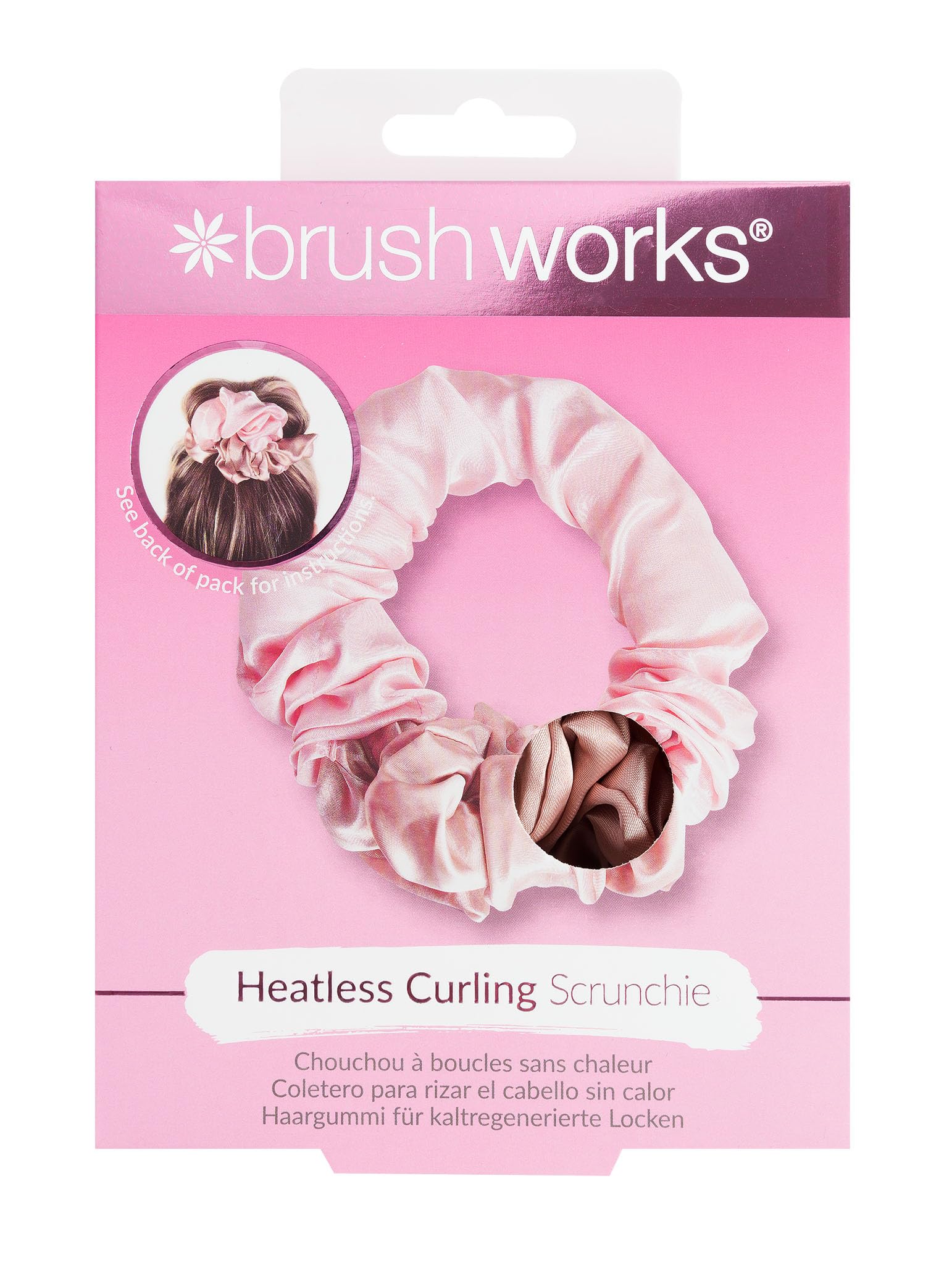 Brushworks Heatless Curling Hair Scrunchie (Pink) - Satin Sleep Curler for Damage-Free Curls & Waves, Overnight Styling, Frizz-Free, Easy to Use, No Heat Damage, Vegan Friendly