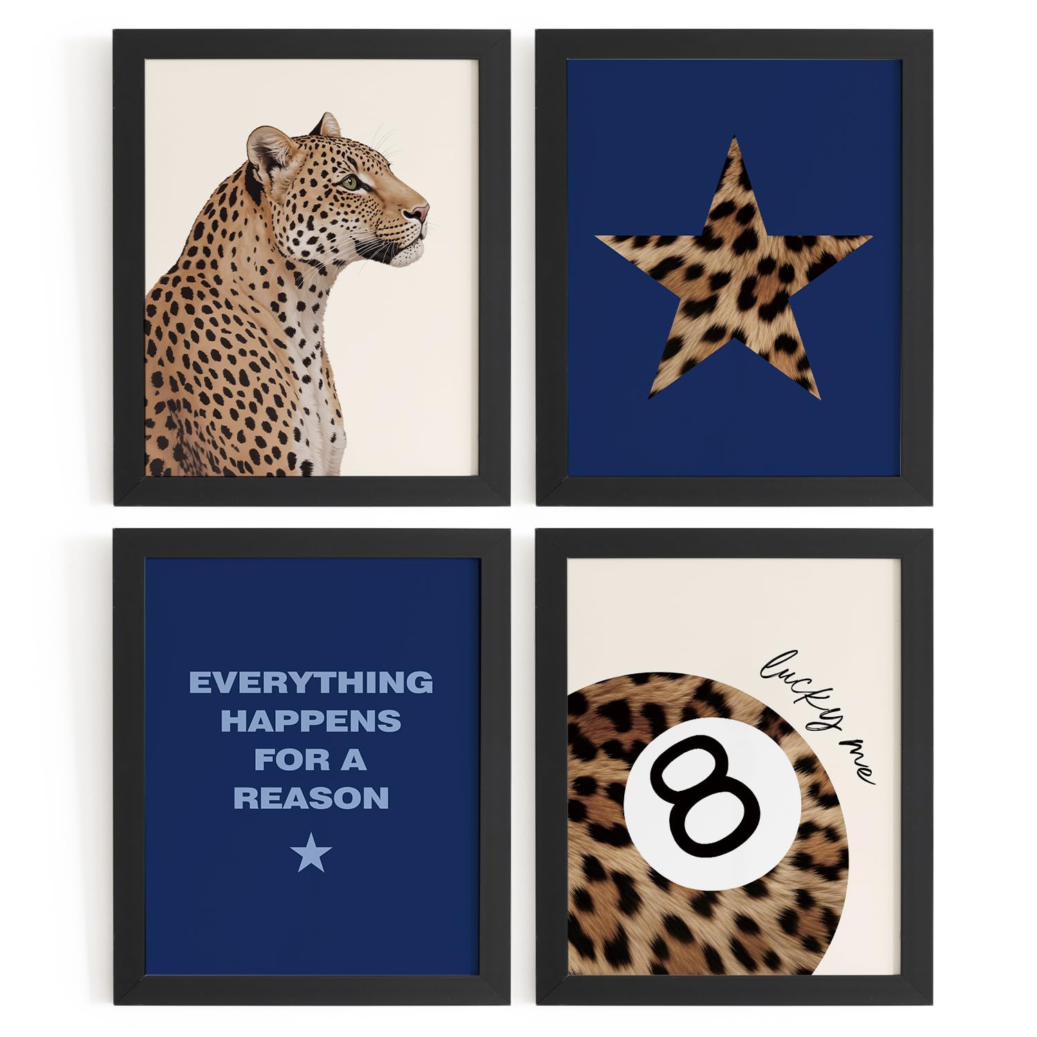 Photo 1 of **BENT ** DSHFG Preppy Navy Blue Leopard Cheetah Prints Y2K Room Decor Funky Cheetah Posters for College Dorm Decor Wall Art Set of 4, Lucky 8 Ball Poster for Teen Girls Bedroom Bathroom Dorm 8x10 Unframed