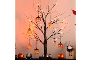 Vanthylit Halloween Tree, 2FT Spooky Black Tree Battery Operated with 24 Orange Lights and 8 Pumpkins, Halloween Decorations Indoor Lighted Table Centerpiece with Timer for Mantel Office Haliday Decor