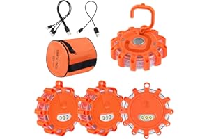 AK LED Road Flares Rechargeable Safety Flashing Warning Light Roadside Emergency Disc Beacon Kit for Vehicles Boats with Magnetic Base & Hook & USB Charging Cables (4 Pack)